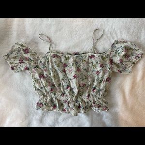Top Shop, off-the-shoulder top, cream with floral pattern and embroidery.